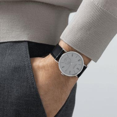 Nomos Tangente Neomatik Gris Platine automatic watch galvanised dial black leather strap 39 mm