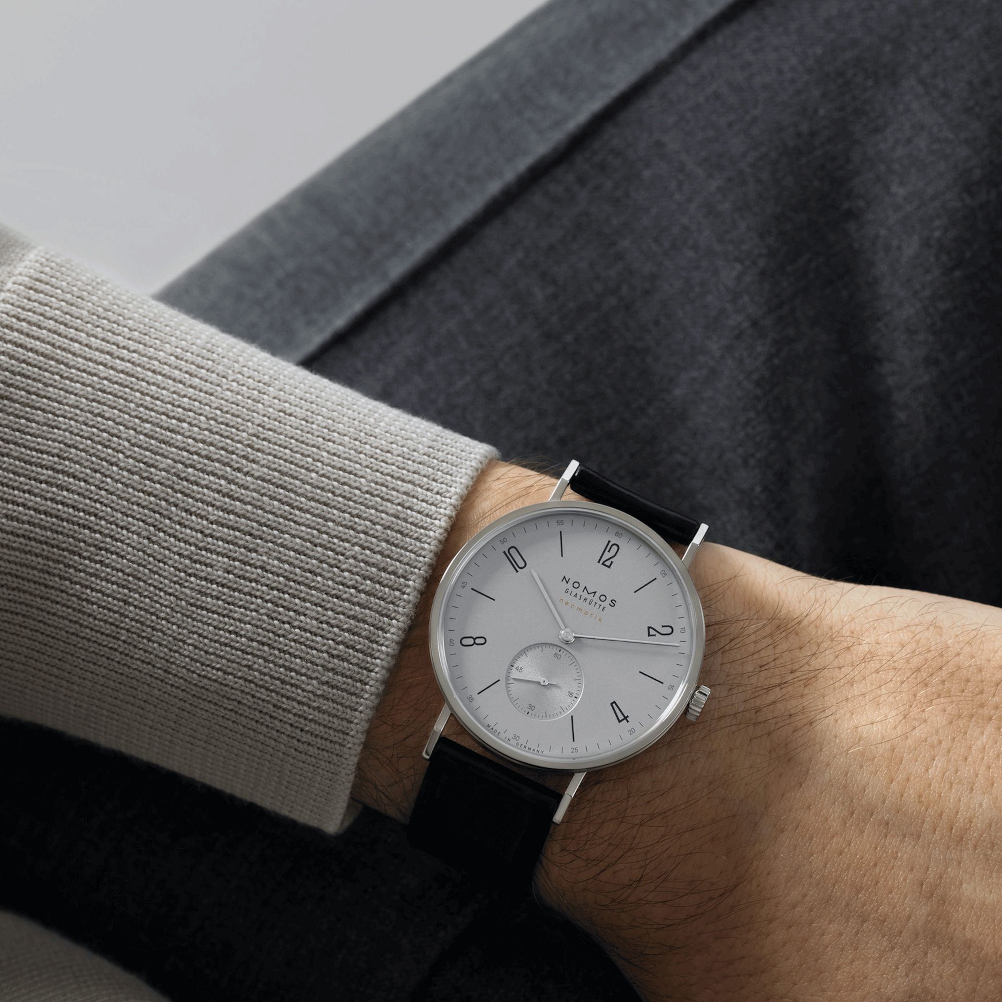 Nomos Tangente Neomatik Gris Platine automatic watch galvanised dial black leather strap 39 mm