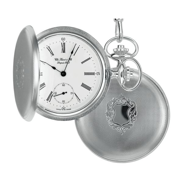 Tissot T-Pocket Savonnette mechanical watch white dial steel chain 50.5 mm T83.1.452.13