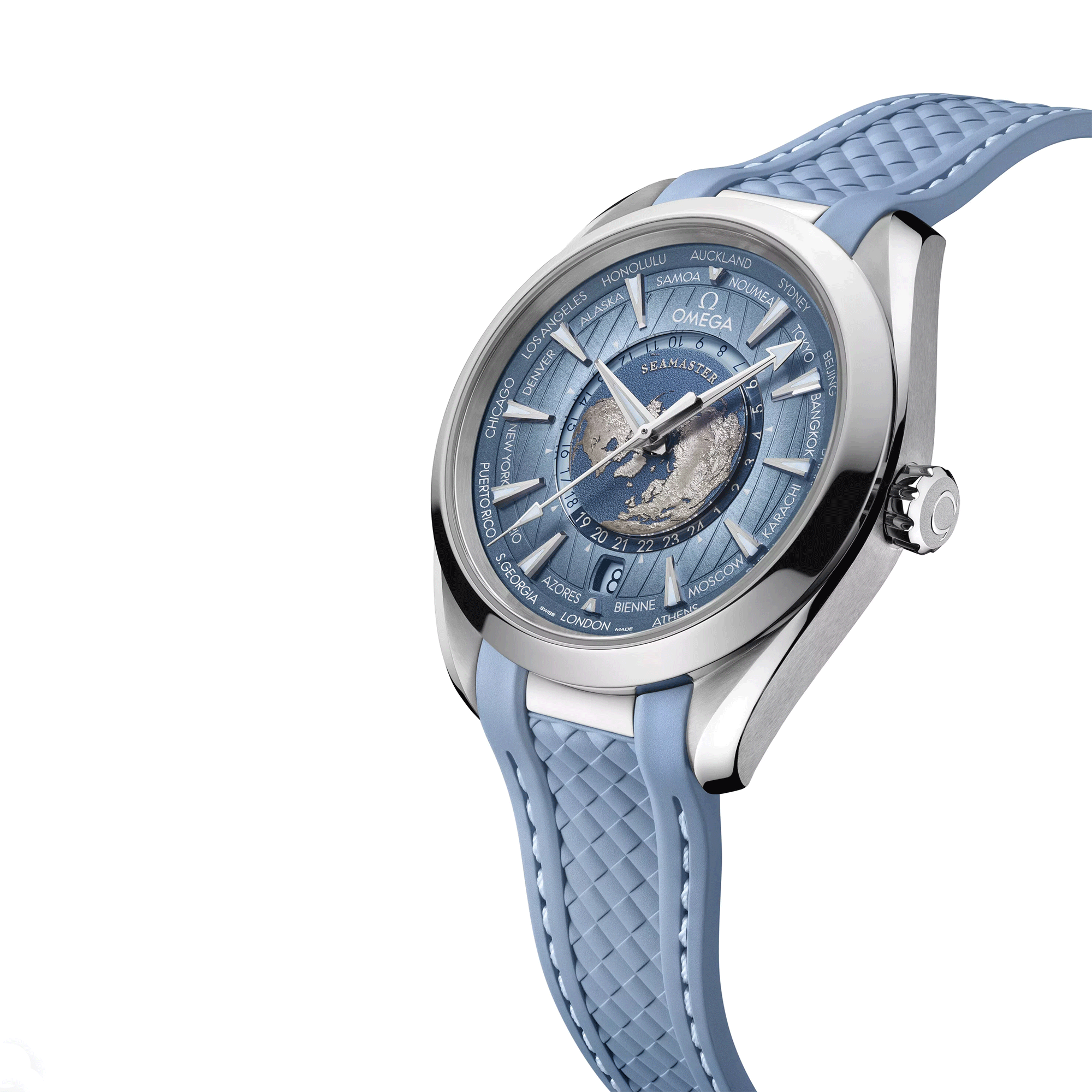 Montre Omega Seamaster Aqua Terra 150M GMT Worldtimer 75ème Anniversaire Co-Axial Master Chronometer bracelet caoutchouc 43 mm