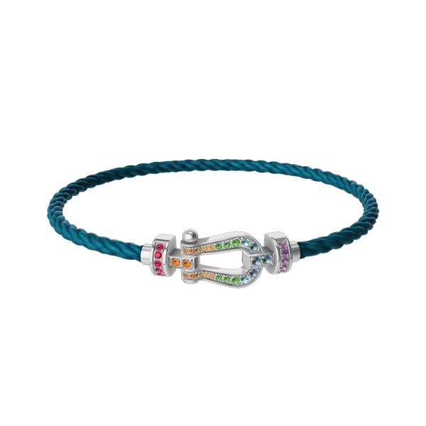 Bracelet Fred Force 10 moyen modèle en or blanc, pierres précieuses et câble bleu riviera 0B0170-6B1180