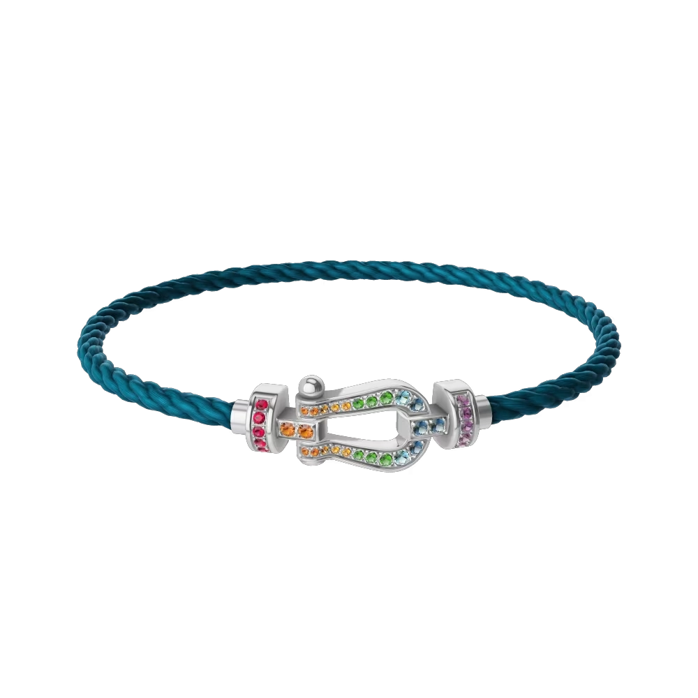 Bracelet Fred Force 10 moyen modèle en or blanc, pierres précieuses et câble bleu riviera 0B0170-6B1180
