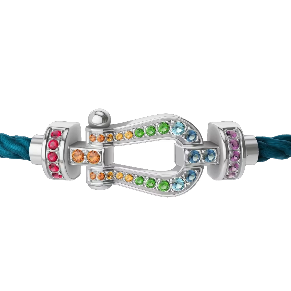 Bracelet Fred Force 10 moyen modèle en or blanc, pierres précieuses et câble bleu riviera 0B0170-6B1180