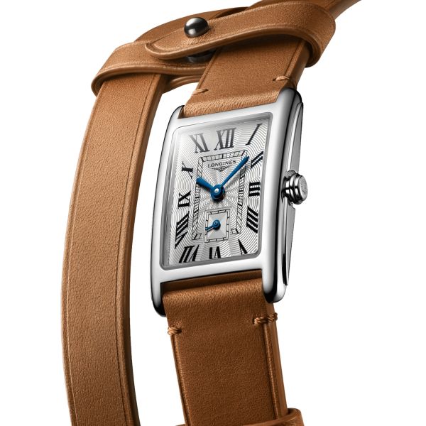 Longines DolceVita X YVY quartz watch silver dial brown leather strap 20.8 x 32 mm