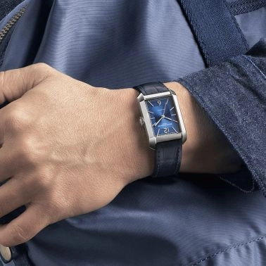 Baume et Mercier Hampton automatic watch blue dial blue leather strap 43 x 27 mm