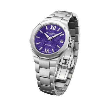 Baume et Mercier Riviera quartz watch violet dial steel bracelet 33 mm