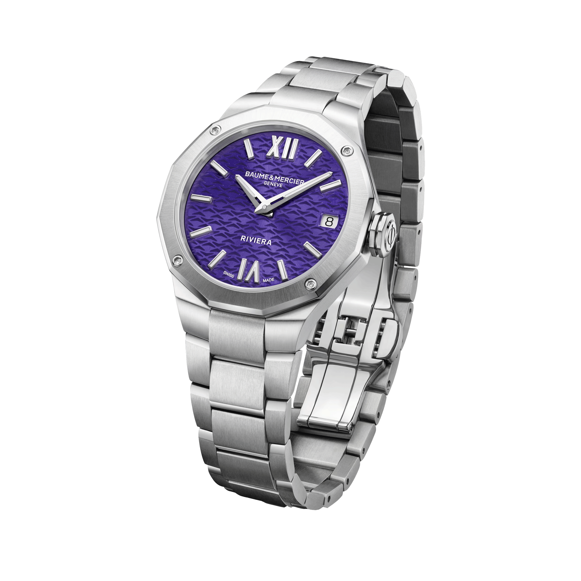 Baume et Mercier Riviera quartz watch violet dial steel bracelet 33 mm