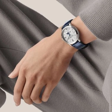 Baume et Mercier Classima Moon Phase automatic watch diamond markers white mother of pearl dial blue leather strap 34 mm