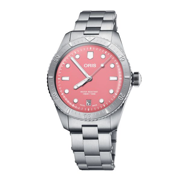 Oris Divers Sixty-Five "Cotton Candy" automatic pink dial steel bracelet 38 mm