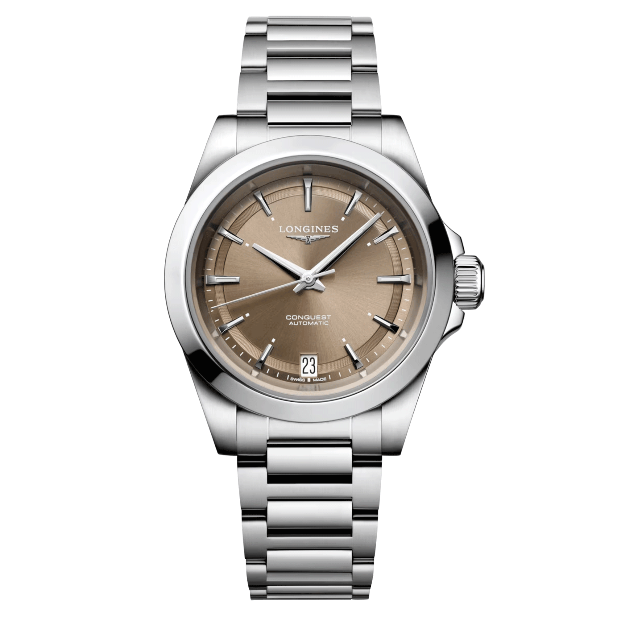 Longines Conquest 2023 automatic watch brown dial steel bracelet 34 mm
