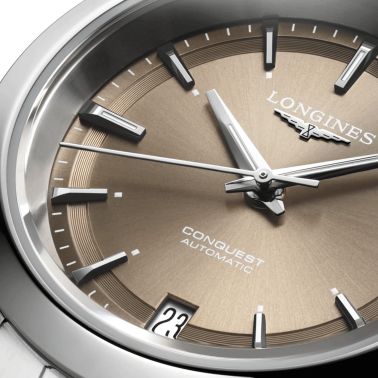 Longines Conquest 2023 automatic watch brown dial steel bracelet 34 mm