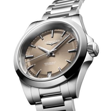 Longines Conquest 2023 automatic watch brown dial steel bracelet 34 mm