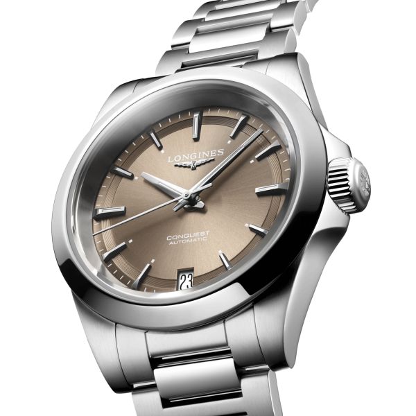 Longines Conquest 2023 automatic watch brown dial steel bracelet 34 mm
