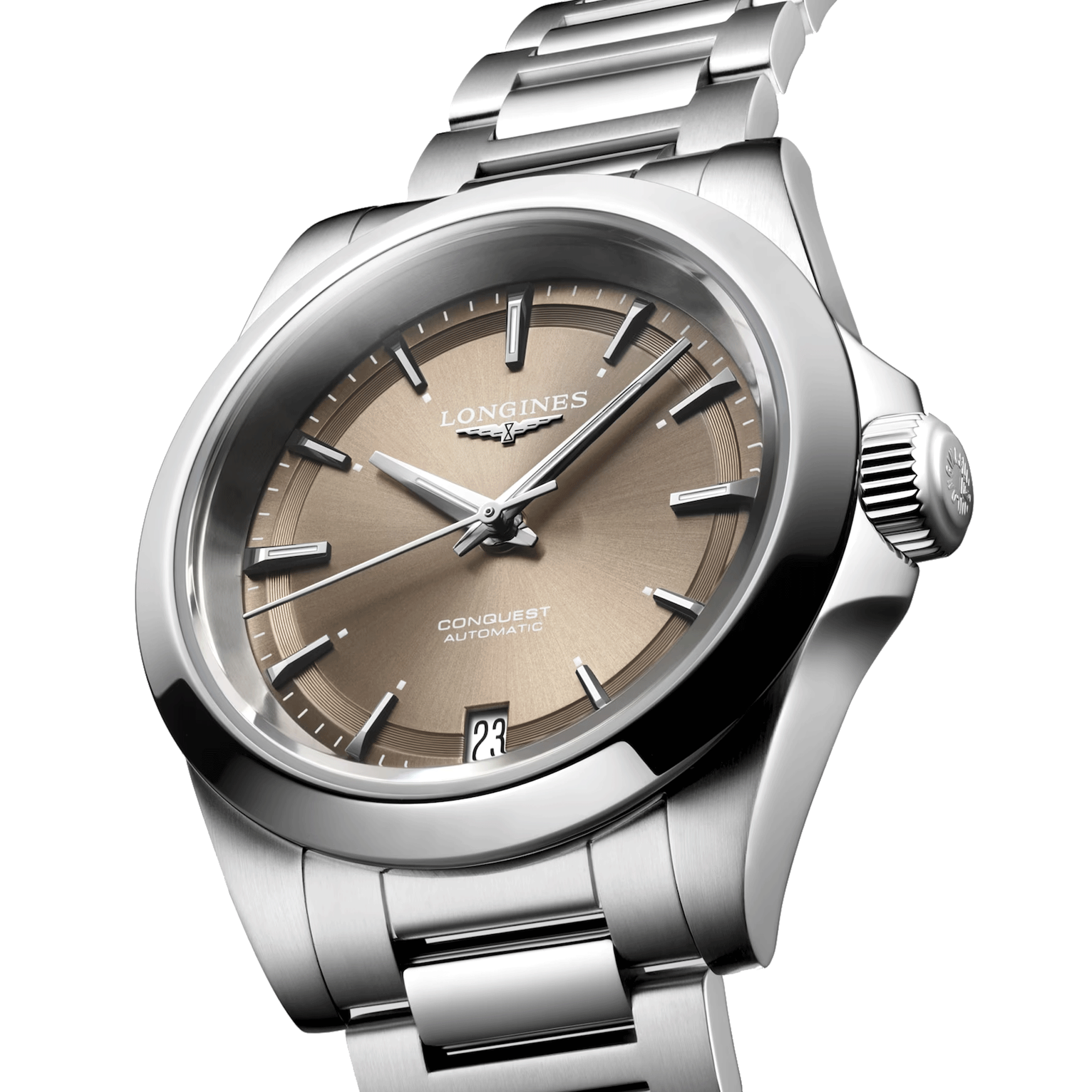 Longines Conquest 2023 automatic watch brown dial steel bracelet 34 mm