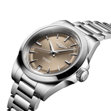 Longines Conquest 2023 automatic watch brown dial steel bracelet 34 mm