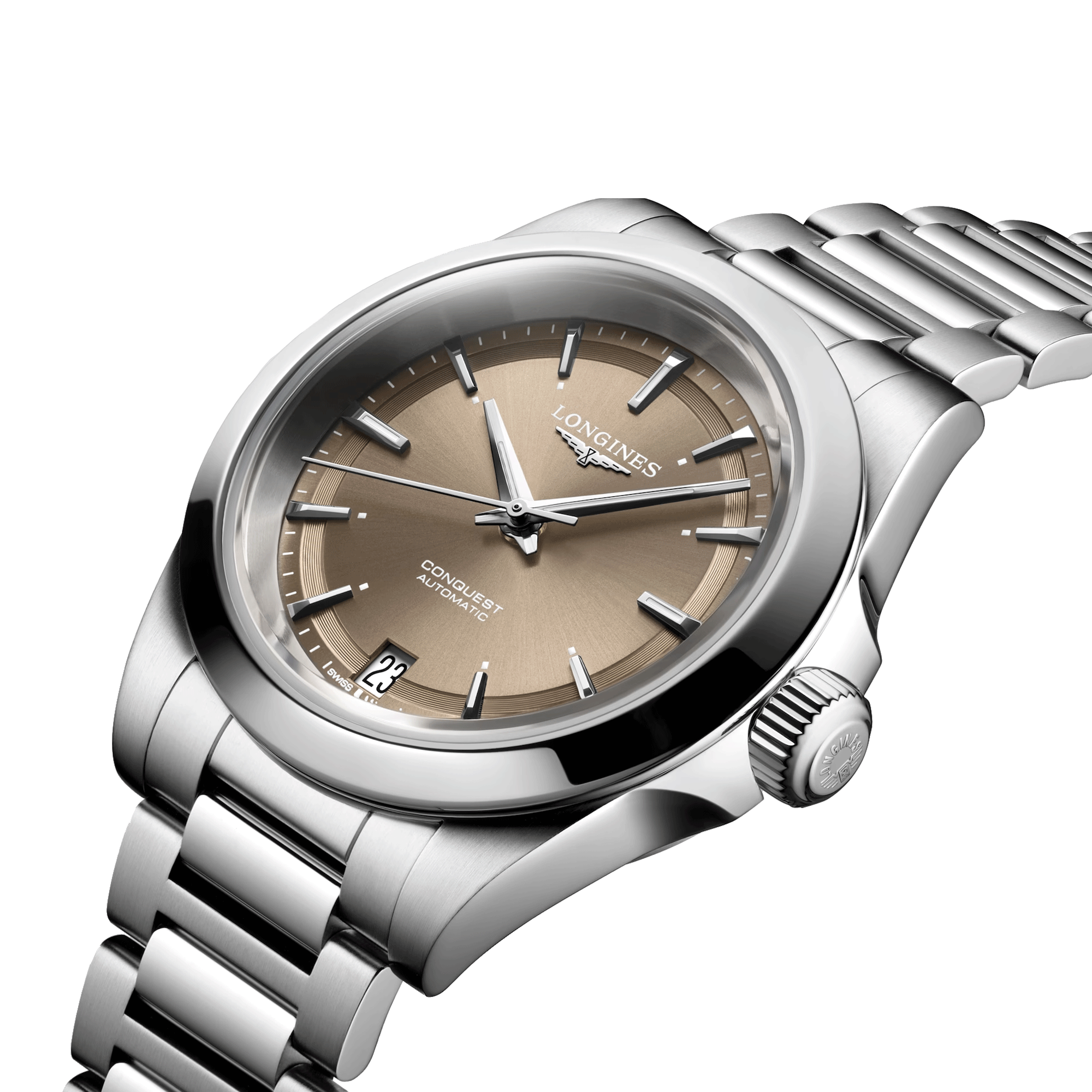 Longines Conquest 2023 automatic watch brown dial steel bracelet 34 mm