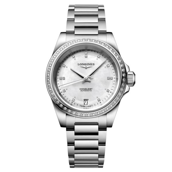 Longines Conquest 2023 automatic watch diamond index bezel set white mother-of-pearl dial steel bracelet 34 mm