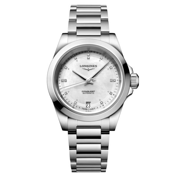 Longines Conquest 2023 automatic watch diamond markers white mother-of-pearl dial steel bracelet 34 mm