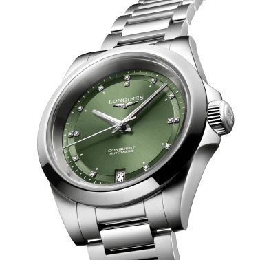 Montre Longines Conquest 2023 automatique index diamants cadran vert bracelet acier 34 mm L3.430.4.07.6
