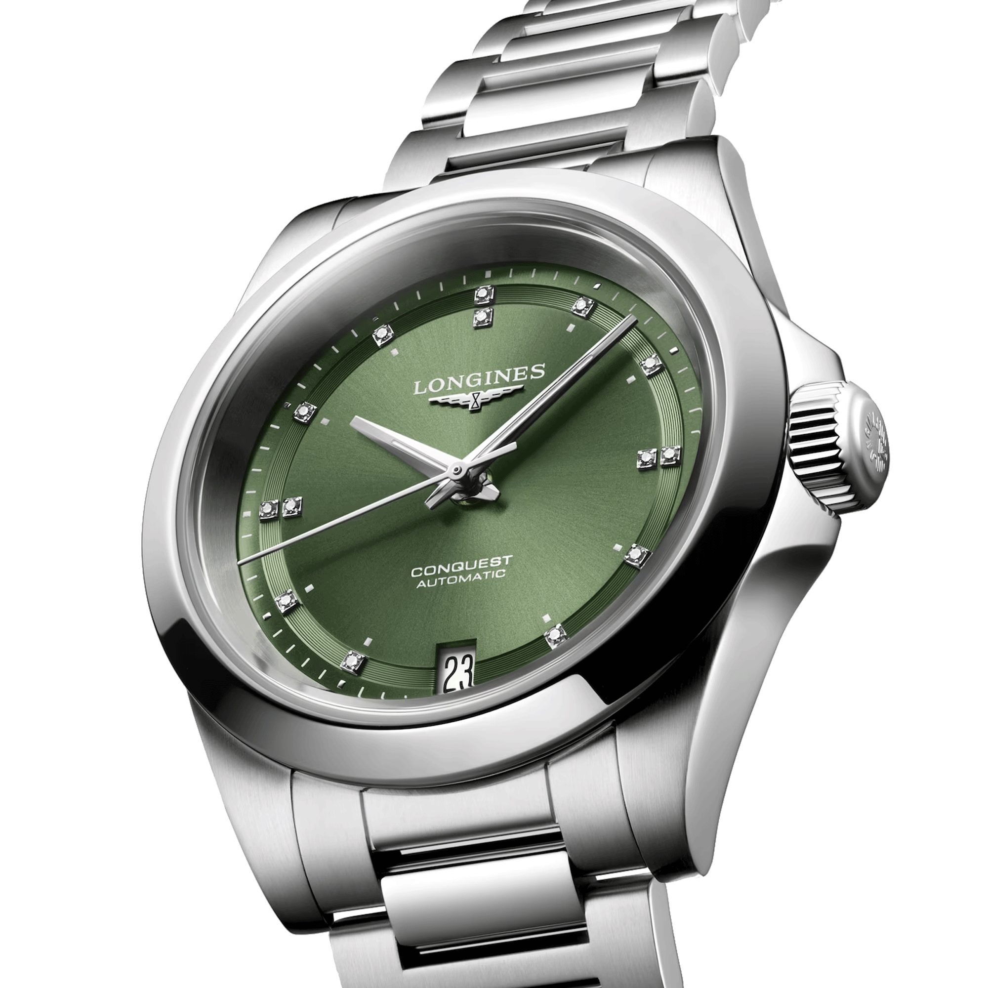 Longines Conquest 2023 automatic watch diamond index green dial steel bracelet 34 mm