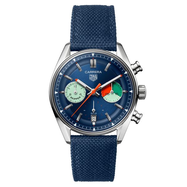 Montre TAG Heuer Carrera Chronographe Skipper Edition Limitée automatique cadran bleu bracelet tissu bleu 39 mm