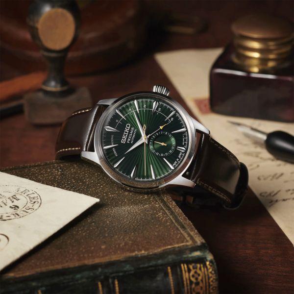 Montre Seiko Presage Cocktail "Midnight Mockinbird" automatique cadran vert bracelet acier 40,5 mm