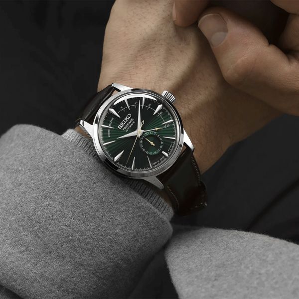 Montre Seiko Presage Cocktail "Midnight Mockinbird" automatique cadran vert bracelet acier 40,5 mm