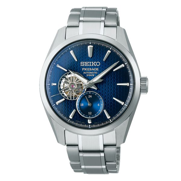 Montre Seiko Presage Sharp Edged Cœur Ouvert "Aitetsu" automatique cadran bleu bracelet acier 40 mm