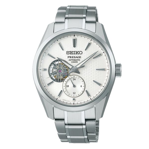 Montre Seiko Presage Sharp Edged Cœur Ouvert "Shironeri" automatique cadran blanc bracelet acier 40 mm