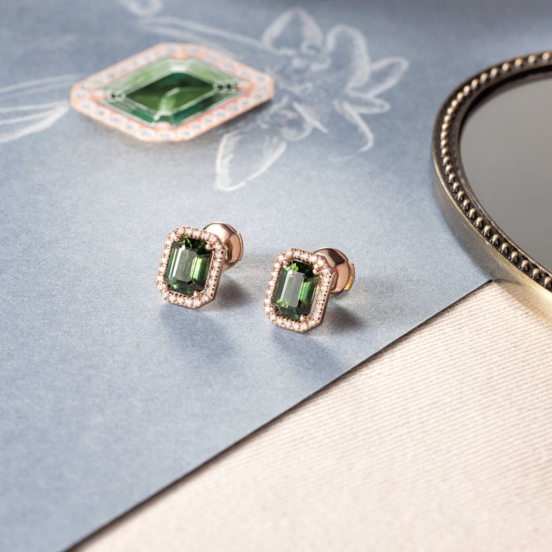Boucles D'oreilles Percées Vintage - Couleur Or Avec Cristal Vert Et Diamant - Modèle 3317 - Occasion