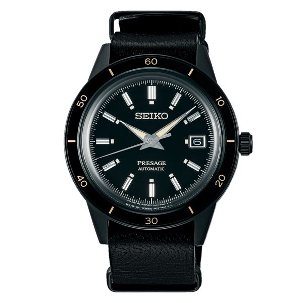 Montre Seiko Presage Style 60s "Full Black" automatique cadran noir bracelet NATO cuir 40,8 mm