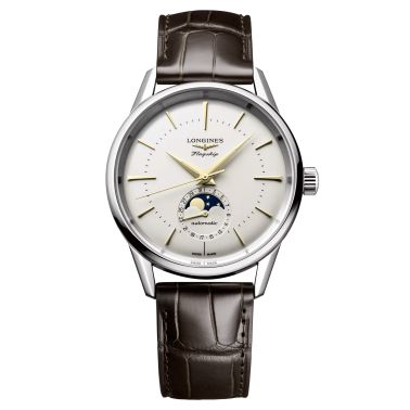 Montre Longines Flagship Heritage Phase de Lune automatique cadran argenté opalin bracelet cuir brun 38,5 mm L4.815.4.78.2
