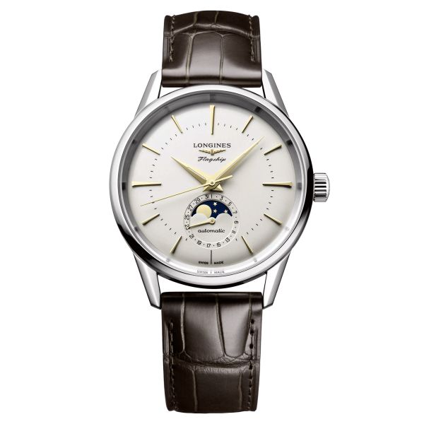 Longines Flagship Heritage automatic moon phase watch opaline silver dial brown leather strap 38.5 mm