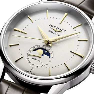 Longines Flagship Heritage automatic moon phase watch opaline silver dial brown leather strap 38.5 mm