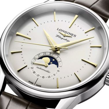Montre Longines Flagship Heritage Phase de Lune automatique cadran argenté opalin bracelet cuir brun 38,5 mm L4.815.4.78.2