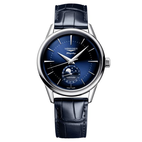 Longines Flagship Heritage automatic moon phase watch blue dial blue leather strap 38,5 mm