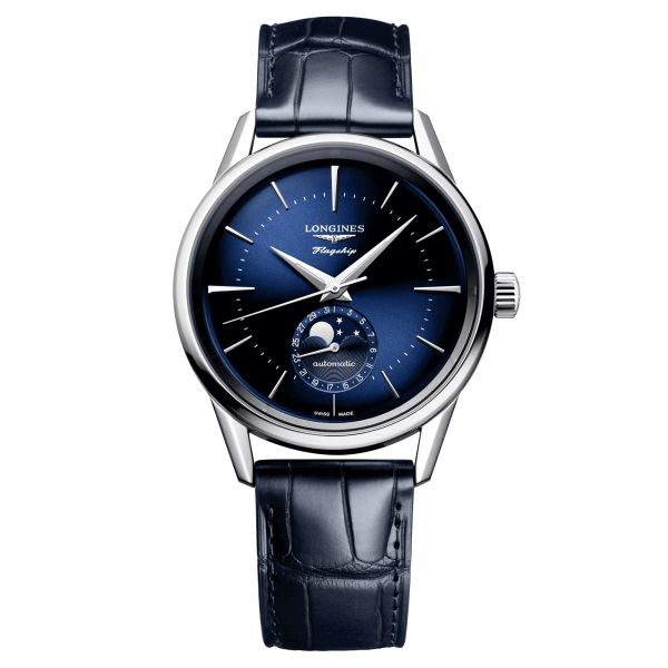 Montre Longines Flagship Heritage Phase de Lune automatique cadran bleu bracelet cuir bleu 38,5 mm L4.815.4.92.2