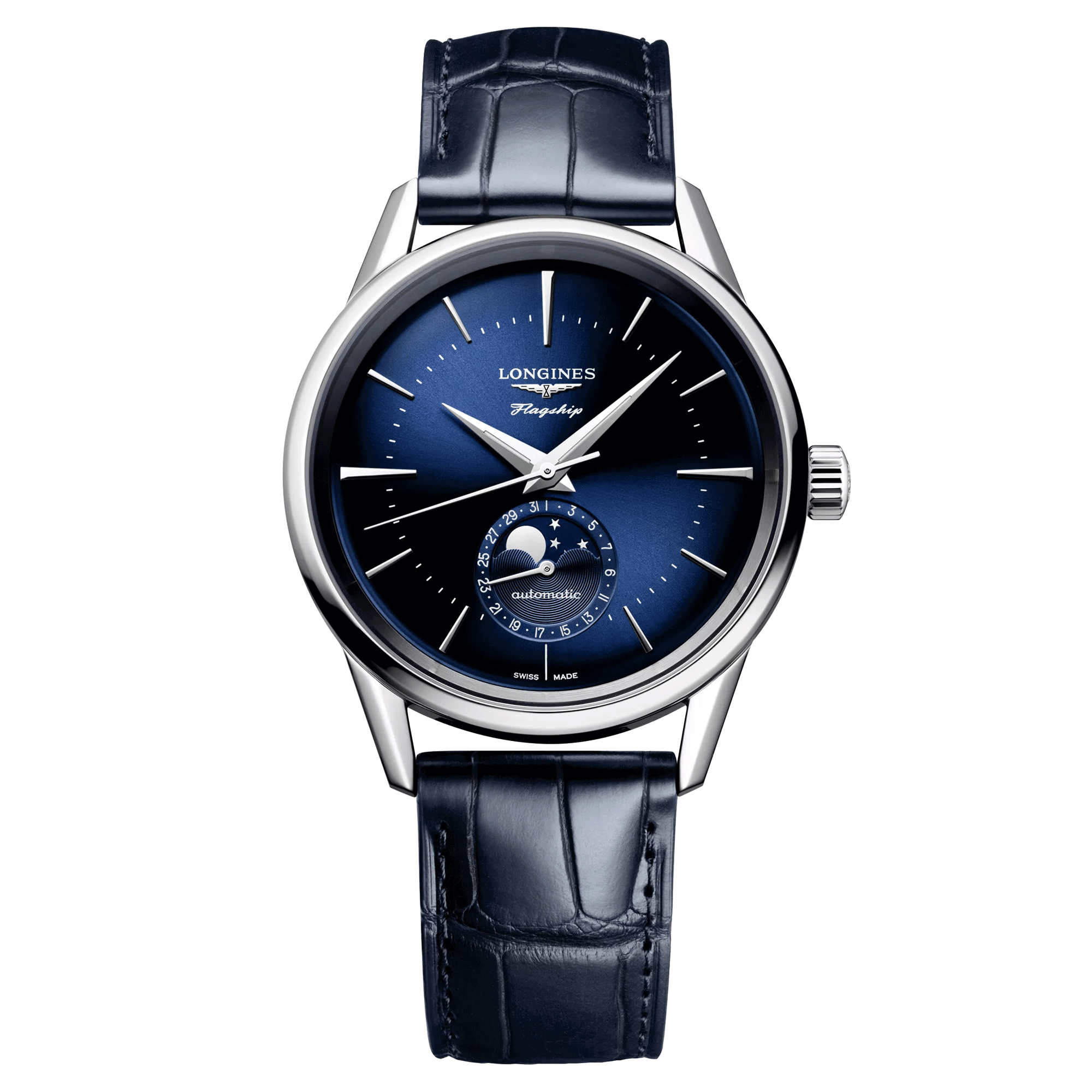 Montre Longines Flagship Heritage Phase de Lune automatique cadran bleu bracelet cuir bleu 38,5 mm L4.815.4.92.2