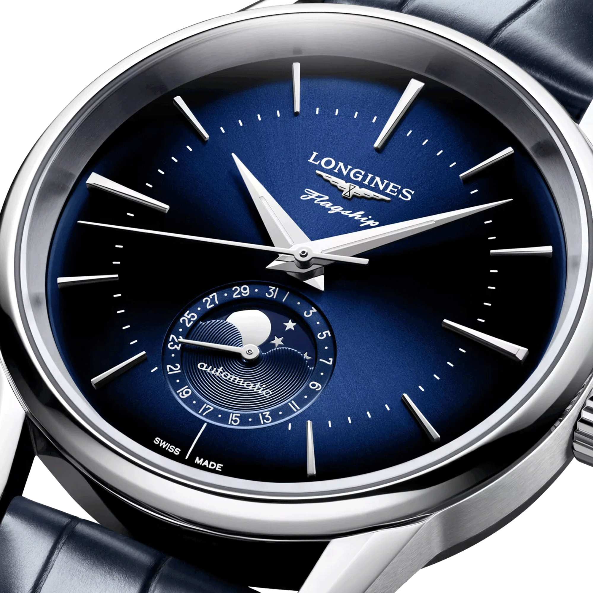 Montre Longines Flagship Heritage Phase de Lune automatique cadran bleu bracelet cuir bleu 38,5 mm L4.815.4.92.2