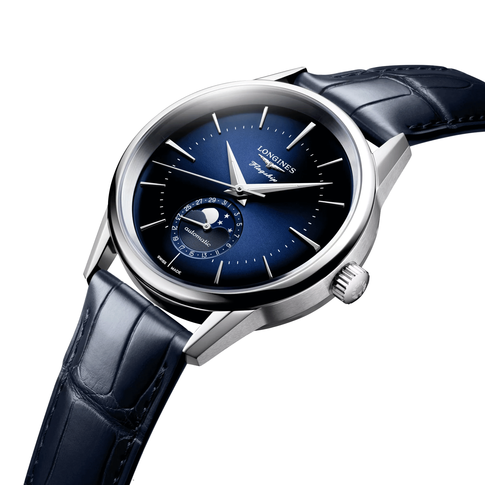 Montre Longines Flagship Heritage Phase de Lune automatique cadran bleu bracelet cuir bleu 38,5 mm L4.815.4.92.2