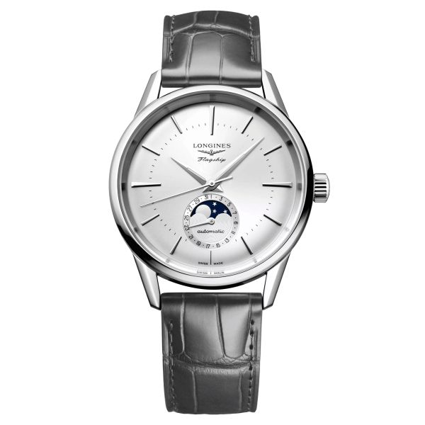 Longines Flagship Heritage automatic moon phase watch silver dial grey leather strap 38,5 mm