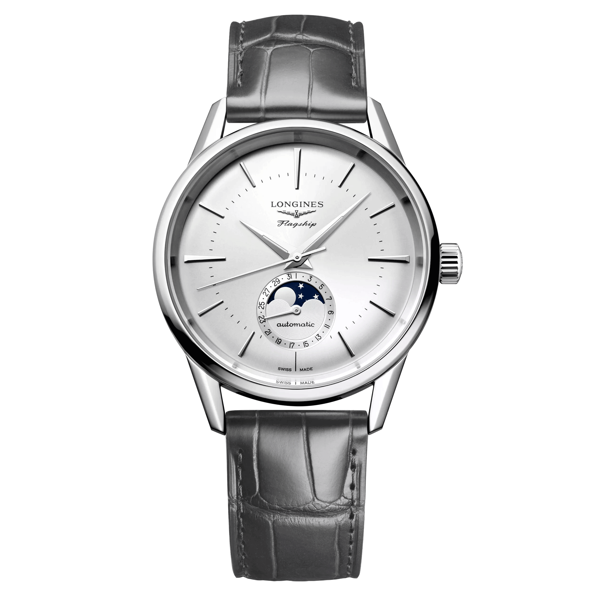 Longines Flagship Heritage automatic moon phase watch silver dial grey leather strap 38,5 mm