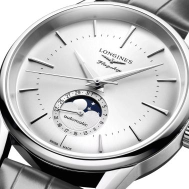 Longines Flagship Heritage automatic moon phase watch silver dial grey leather strap 38,5 mm