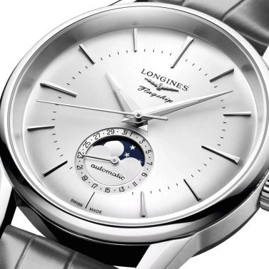 Longines Flagship Heritage automatic moon phase watch silver dial grey leather strap 38,5 mm