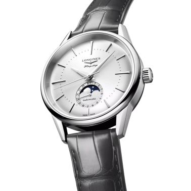 Longines Flagship Heritage automatic moon phase watch silver dial grey leather strap 38,5 mm