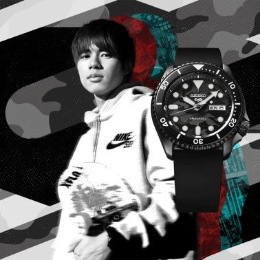 Montre Seiko 5 Sports "Yuto Horigome" automatique cadran camouflage noir bracelet caoutchouc 42,5 mm