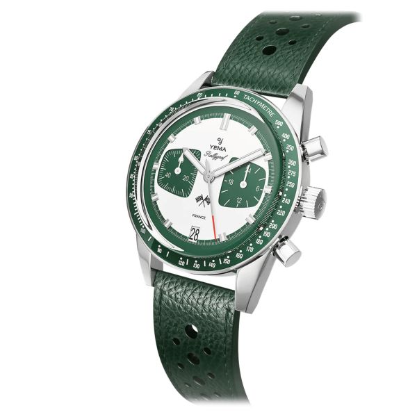 Yema Rallygraf Meca-Quartz watch white dial green leather strap 39 mm