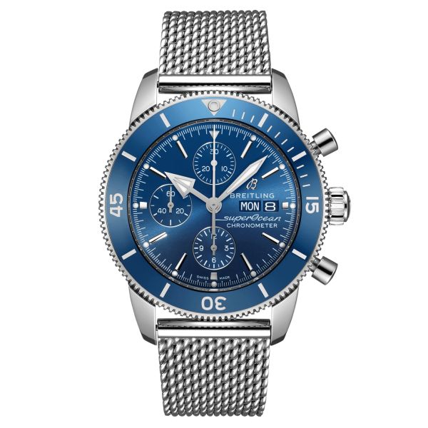 Breitling Superocean Heritage Chronograph automatic watch blue dial Milanese mesh bracelet 44 mm