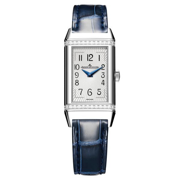 Jaeger-LeCoultre Reverso One quartz watch silver dial set bezel blue leather strap