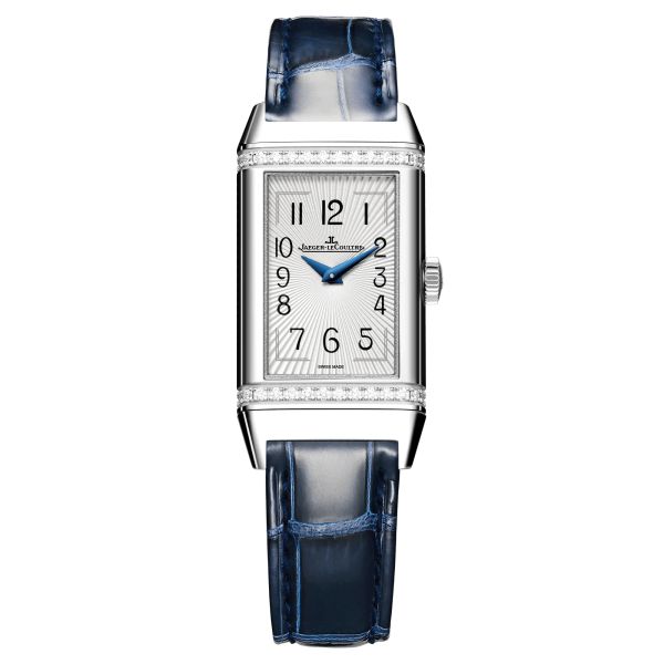 Montre Jaeger-LeCoultre Reverso One quartz cadran argent lunette sertie bracelet cuir bleu Q3288420